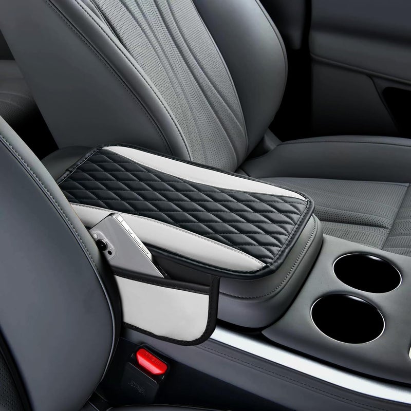 Tioollev Patchwork Leather Car Center Console Cover,Microfiber Leather Vehicle Armrest Protector Cushion with 2 Storage Bags,Universal Cars Armrest Cushion for SUV, Sedan, Truck (White) - Image 5